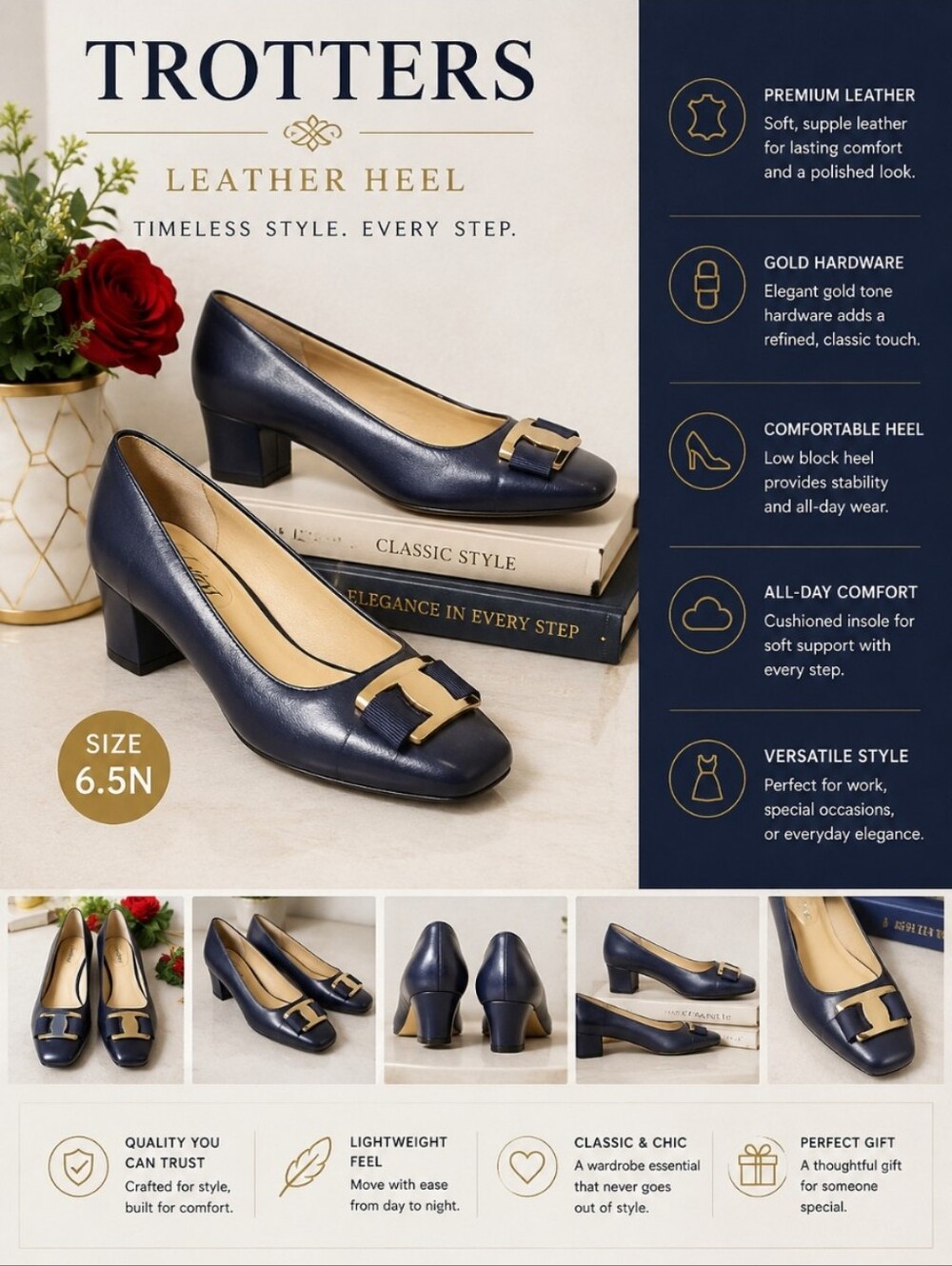 TROTTERS 6.5N Blue Gold Hardware Leather Heel